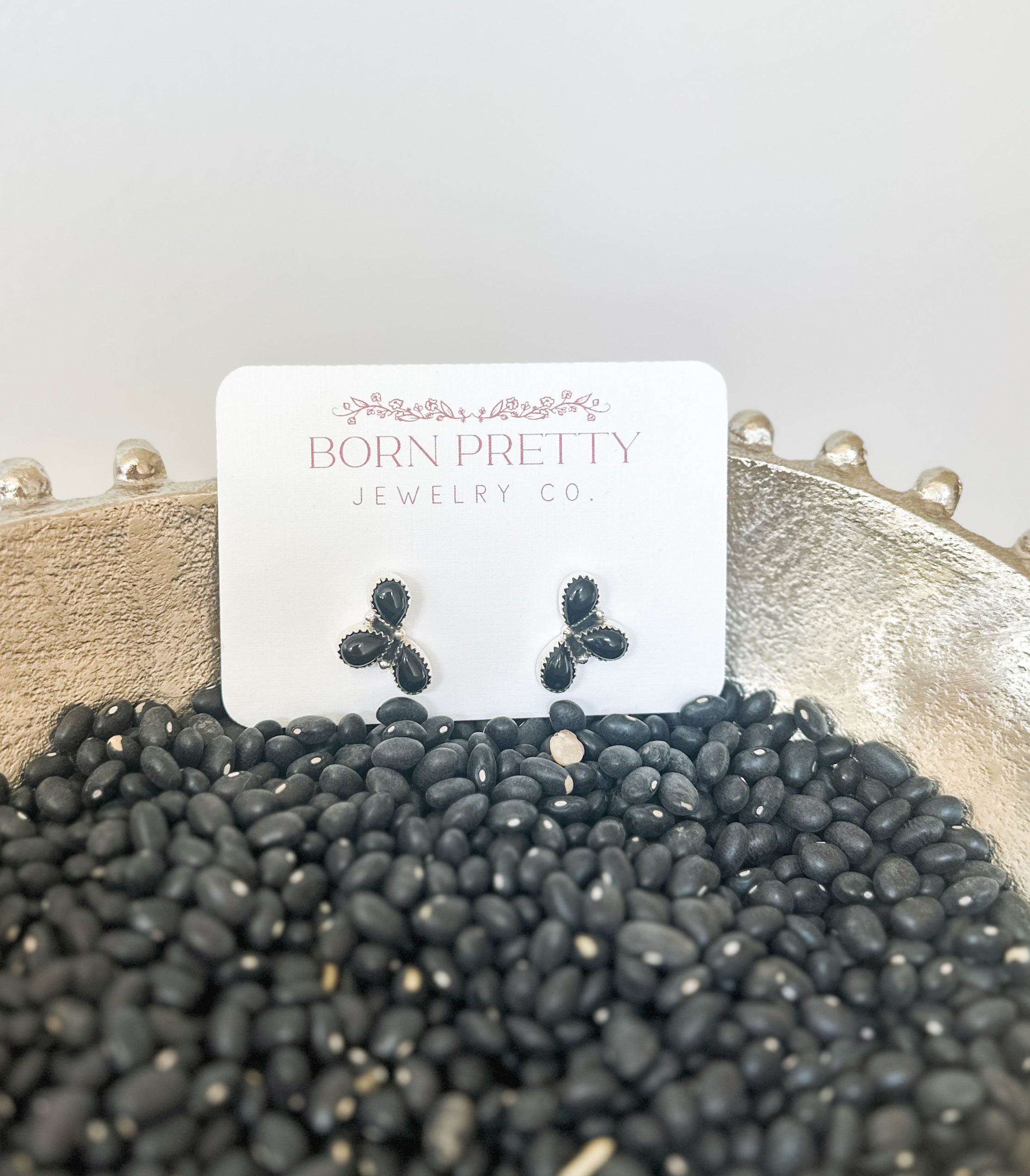 Black Onyx Three Stone Studs