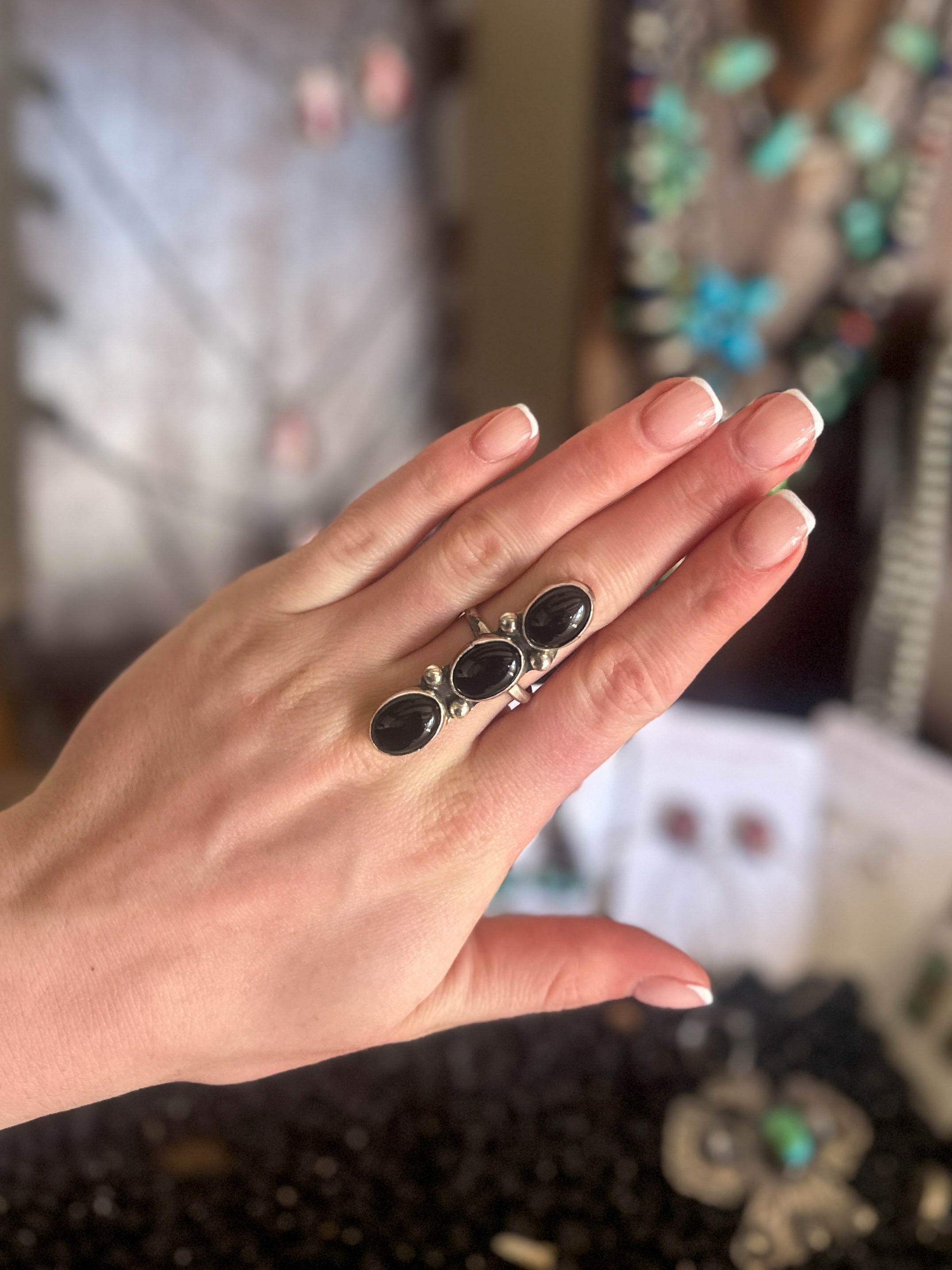 Three Stone Black Onyx Ring